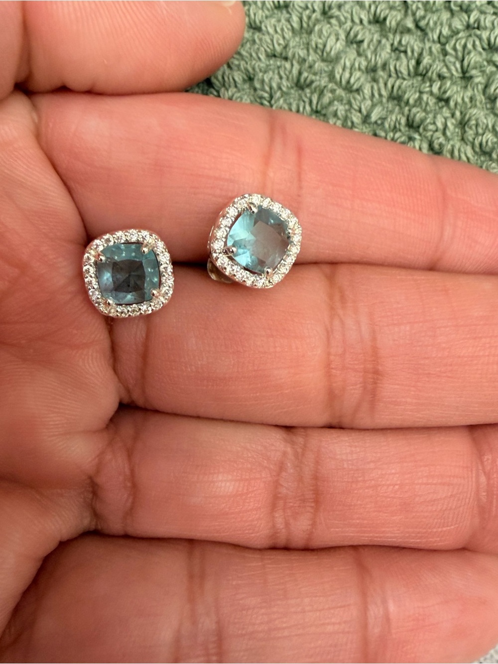 Blue Halo Cushion Stone Stud Earrings - Women Jewelry